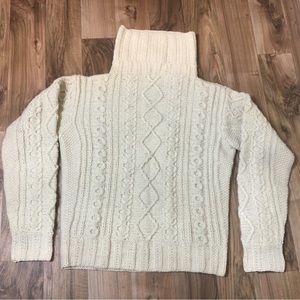 Vtg Aran Islander Fisherman Wool Sweater Ivory Ireland Unisex XL